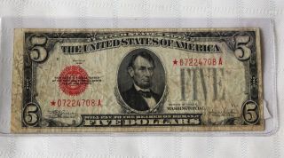 ✯ 1928 - E $5 Dollar Red Seal Star Note ✯ Historic Money Make Offer