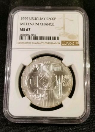 1999 Uruguay Millenium Change Silver 200 Pesos - Ngc Ms67 - Pop 1
