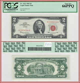1963 $2 U.  S.  Legal Tender Note Pcgs 66 Ppq Gem Unc Two Dollars Red Seal