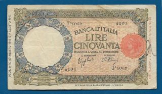 Italy 50 Lire 1943 P - 66 Seal Type A/f Ww2 Fascist Mussolini Era Italian Banknote