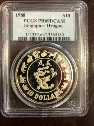 1988 Singapore Silver $10 Dollars " Dragon " Pcgs Pr69dcam Proof None Graded Higher