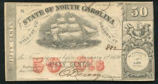 January 1,  1870 50 Cents The State Of North Carolina Obsolete Banknote Unc