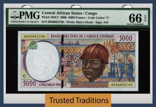 Tt Pk 104cf 2000 Central African States 5000 Francs Pmg 66 Epq Gem Uncirculated