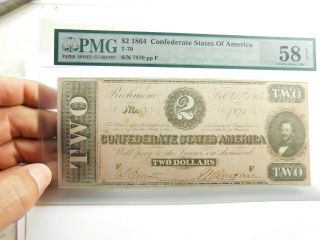 1864 $2 Confederate States Of America T - 70 Pmg 58 Choice About Unc S/n 7870