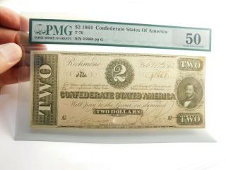 1864 $2 Confederate States Of America T - 70 Pmg 50 About Uncirculated S/n 45668