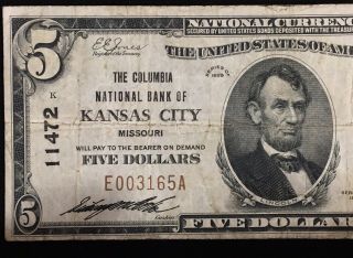 1929 $5 Columbia National Bank Of Kansas City Missouri Ch.  11472