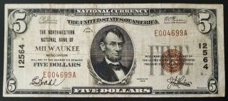 1929 $5 National Currency From The Northwestern National Bank Of Milwaukee,  Wi