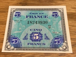 1944 Emis En France Cinq 5 Francs Banknote Military Wwii Flag Back