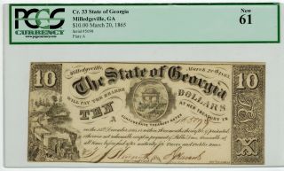 Milledgeville Georgia 1865 The State Of Georgia $10 Obsolete Currency Pcgs 61