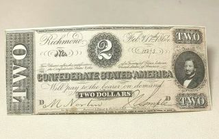 1864 $2 Confederate States Of America Note Civil War Era