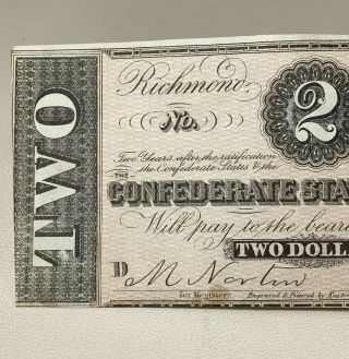 1864 $2 Confederate States Of America Note Civil War Era 2