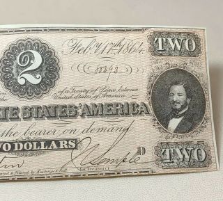 1864 $2 Confederate States Of America Note Civil War Era 3
