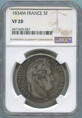 1834 M France Silver 5 Franc.  Ngc Vf20