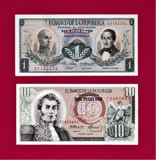 SCARCE COLOMBIA UNC NOTES 1 PESO ORO 1963 (P:404b) & 10 Pesos Oro 1970 (P - 422a) 2