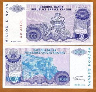 Croatia,  Knin 1,  000,  000 (1000000) Dinara,  1994,  P - R33,  Unc Bosnian War