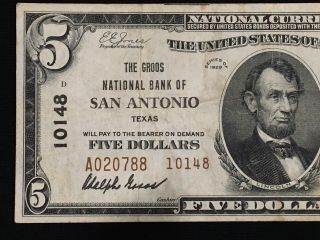 1929 $5 The Groos National Bank Of San Antonio Texas Type 2 Ch.  10148 Rare