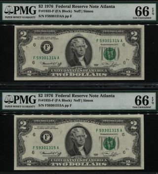 Tt Fr 1935 - F 1976 $2 Federal Reserve Note Atlanta Pmg 66 Epq Gem Seq Set Of Two