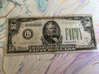 1934 Series $50.  00 Fifty Dollar Bill Us Currency G Seal G01166840a