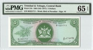Trinidad & Tobago 1964 (nd 1977) P - 31b Pmg Gem Unc 65 Epq 5 Dollars