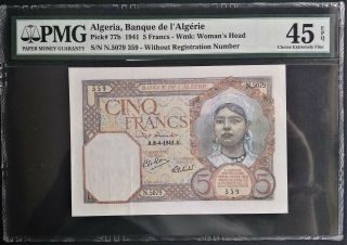 Algeria 5 Francs 1941 P 77b Pmg Choice Ef 45 Epq French Colony Ww2 Wwii Africa
