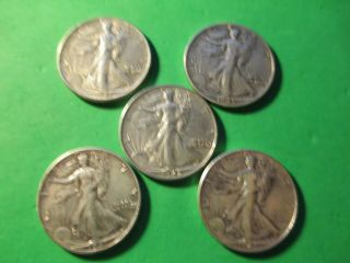1941,  1942,  1943,  1943d,  1945 Walking Liberty Half Dollars (5 Coins)