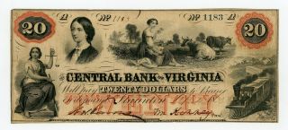 1860 $20 The Central Bank - Staunton,  Virginia Note W/ Train