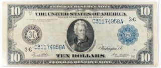 1913 Us $10 Ten Dollar Federal Reserve Blue Seal Large Currency Note