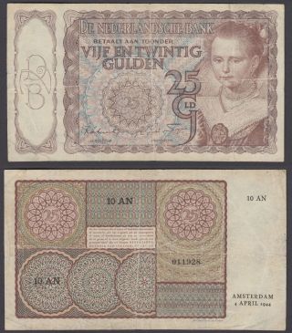 Netherlands 25 Gulden 1944 (vg - F) Banknote P - 60