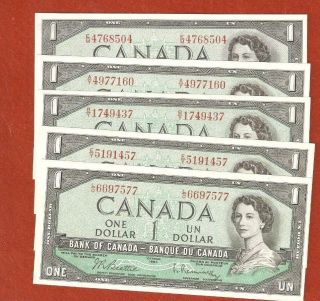 5 1954 One Dollar Bank Notes Gem Uncirculated Crisp Bank Notes E135