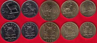 Zambia Set Of 5 Coins: 25 Ngwee - 10 Kwacha 1992 Unc