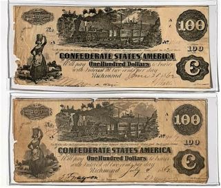 Confederate Currency 2/ea One Hundred Dollar Notes