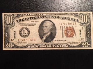 1934a $10 Federal Reserve Note - Hawaii - La Block