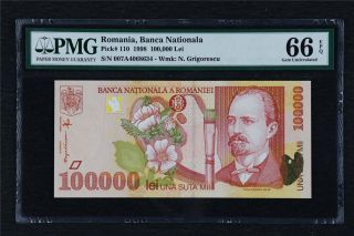 1998 Romania Banca Nationala 100000 Lei Pick 110 Pmg 66 Epq Gem Unc