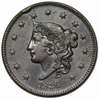 1836 Coronet Head Large Cent,  N - 3,  R1,  Lds,  Au