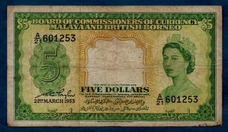 Malaya & British Borneo Banknote 5 Dollar 1953 F,