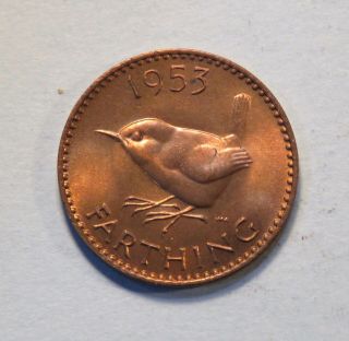1953 Great Britain Farthing Unc Coin Queen Elizabeth 1st Year Coronation England