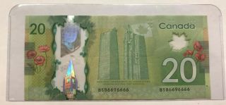 Great Almost Solid Serial Number 2012 Canadian $20 Banknote