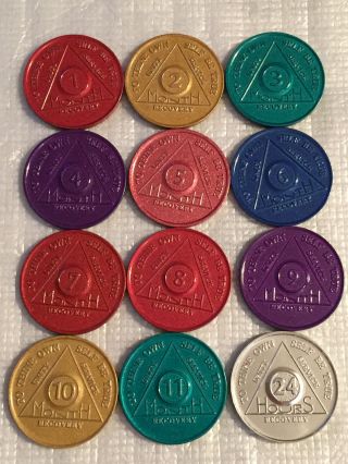 Set Of 12 Monthly Aluminum Colored Aa Recovery Medallion Coin Month 1 - 11 & 24hrs