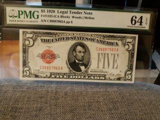 Scarce - $5 1928 Legal Tender Note Fr 1525 - Pmg Gem 64 Epq