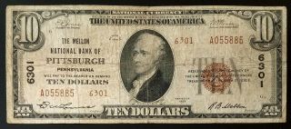 1929 $10 National Currency From The Mellon National Bank Of Pittsburgh,  Pa
