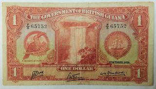 1938 British Guiana 1 One Dollar Government Banknote Guyana Caribbean Colony