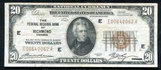 Fr.  1870 - E 1929 $20 Frbn Federal Reserve Bank Note Richmond,  Va Vf,  (n)