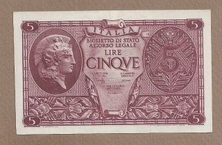 Italy: 5 Lire Banknote,  (unc),  P - 31c,  1944,