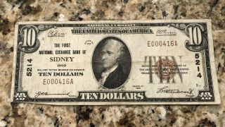 $10 1929 Sidney Ohio Oh First National Exchange Bank Note Bill Ch.  5214