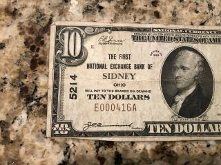 $10 1929 Sidney Ohio OH First National Exchange Bank Note Bill Ch.  5214 3
