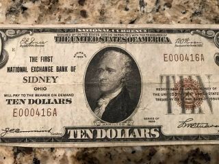 $10 1929 Sidney Ohio OH First National Exchange Bank Note Bill Ch.  5214 4