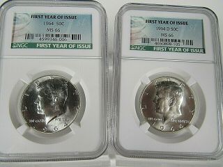 1964 P And D Silver Kennedy Half Dollars Ngc Ms 66,  First Year Of Issue Label
