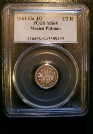 1861 - Ga Jg Mexico Silver 1/2 Real Radian Cap Coin,  Guadalajara Pcgs Ms - 64