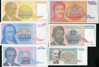 Yugoslavia Set 6 Unc 10 100 1000 5000 - 500,  000 1994 P 138 139 140 141 142 143