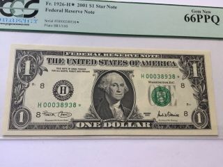 VINTAGE pcgs 66 PPQ $1 2001 ST.  LOUIS STAR FEDERAL RESERVE NOTE ONE DOLLAR BILL 3